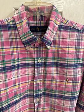 Large Ralph Lauren Pink Plaid Button-Down Shirt with Green and Blue Accents